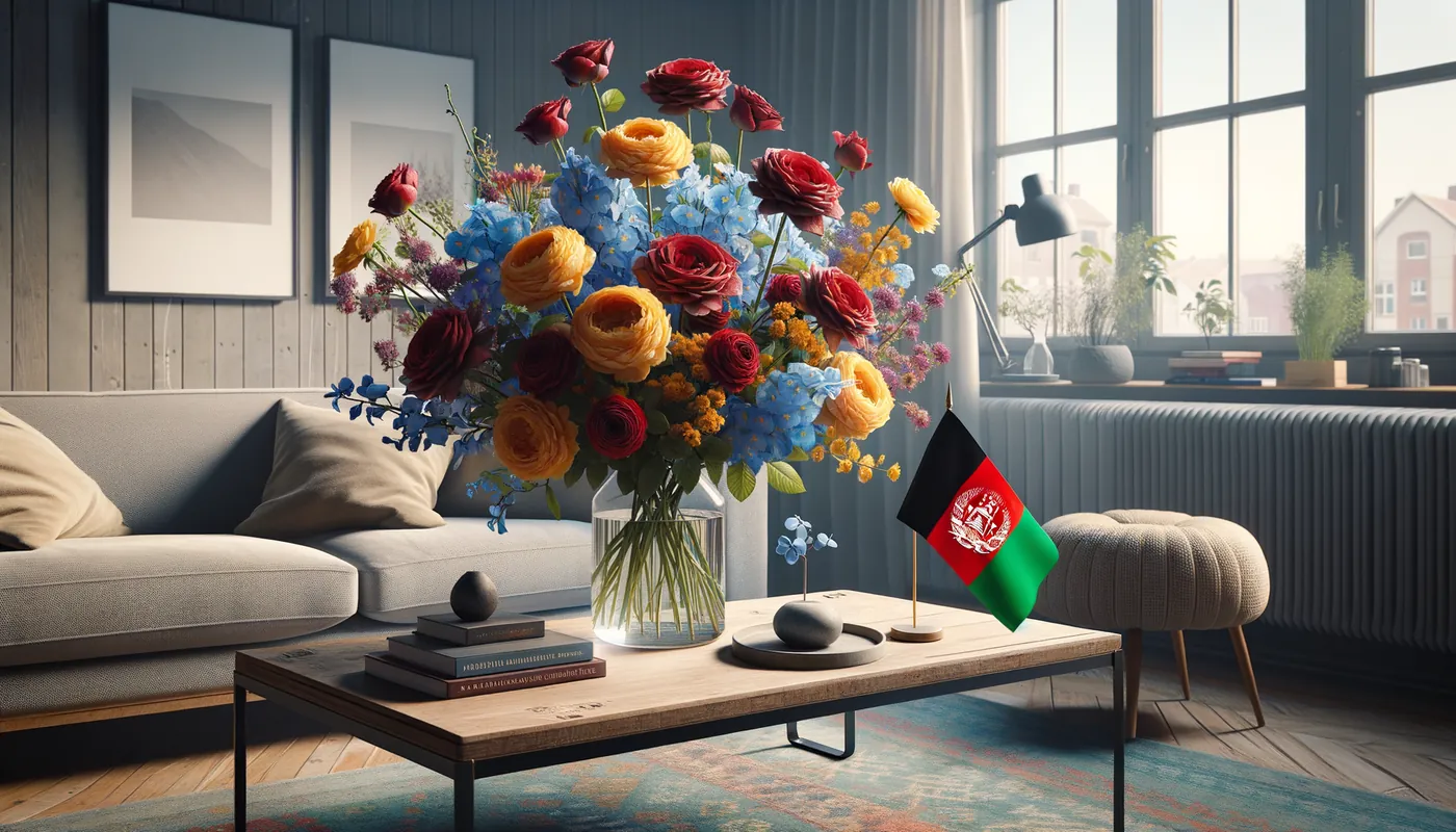 Skicka blommor till Afghanistan - blombukett inspirerad av Afghanistans flaggfärger